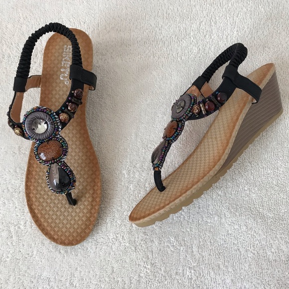 SOLDBohemian Boho Rhinestone Wedge Sandals - Picture 6 of 7